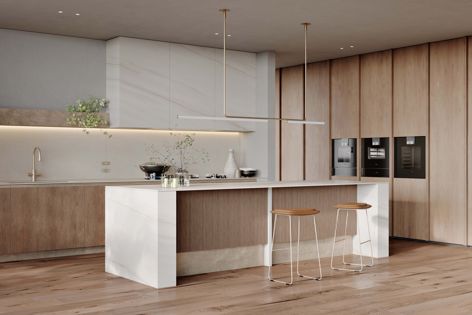 Caesarstone’s Porcelain surfaces Beige Cement and Sleet were specified by Studio Minosa to create a fresh, elegant kitchen space.