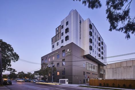 The facade of the Northside Group St Leonards Clinic in New South Wales by Silver Thomas Hanley features Cemintel Surround panels in ‘Blackish.’ Photography: Tyrone Branigan.