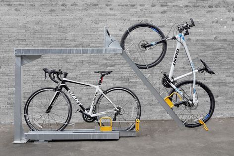 Cora double-tier bicycle racks increase the density in which bicycles can be stored in parking garages or apartment complexes, with a reduced bicycle envelope width of 400 mm.