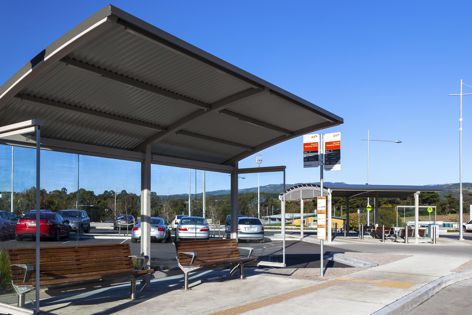 The bus stop at the Churchill Shopping Centre in Victoria features the large-span cantilevered roof design that the Adelaide Airport walkway is based on.